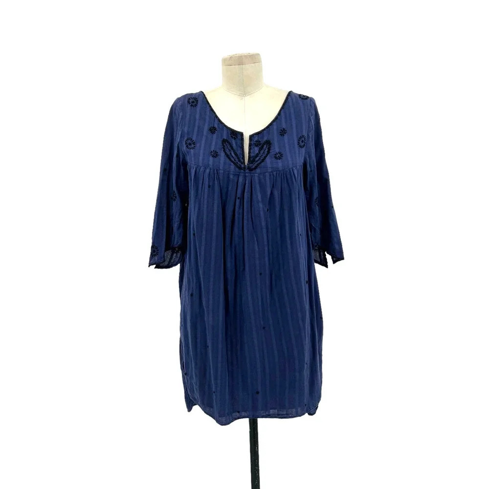 Thierry Colson Navy Blue Embroidered Kaftan Mini‎ Shift Dress Size Medium